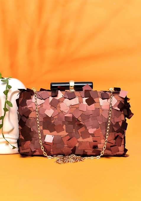 Brown Satin Embellished Box Clutch