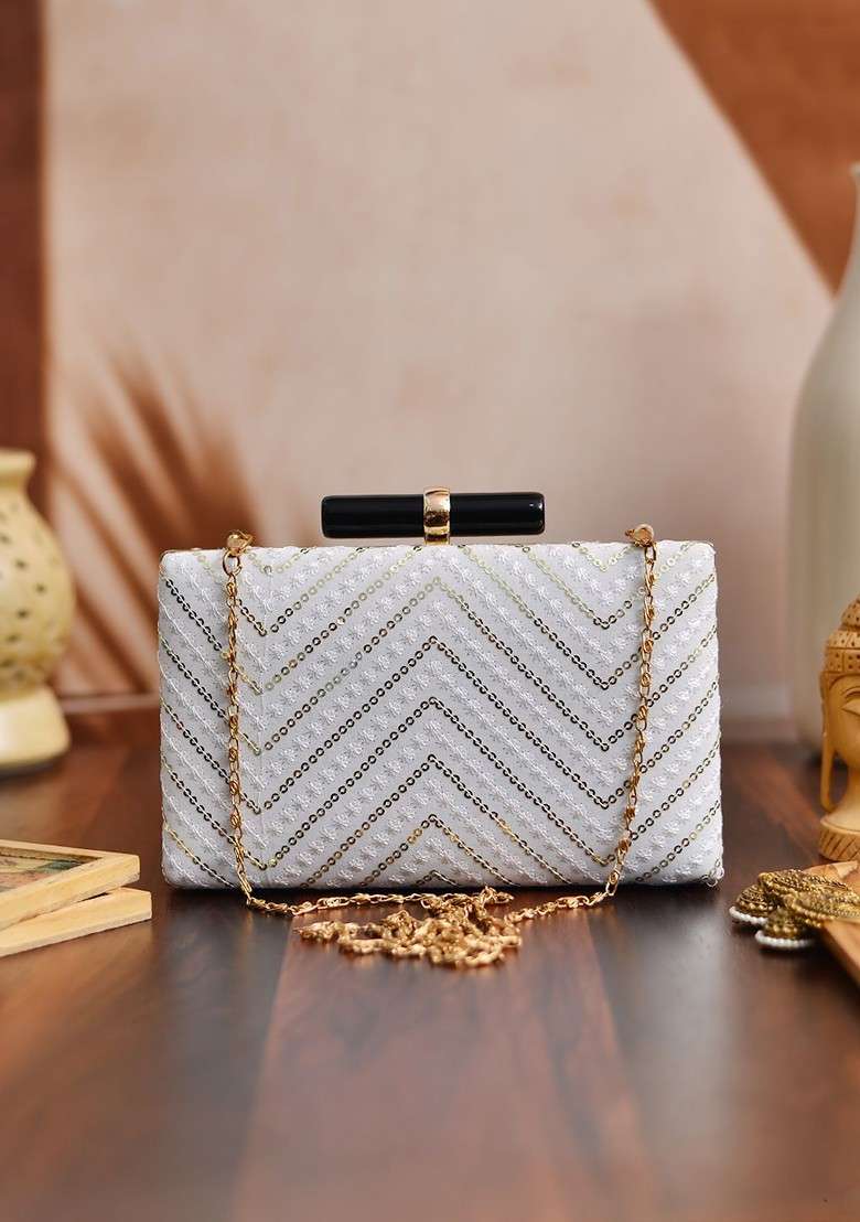 White Satin White Embroidered Box Clutch - Indya