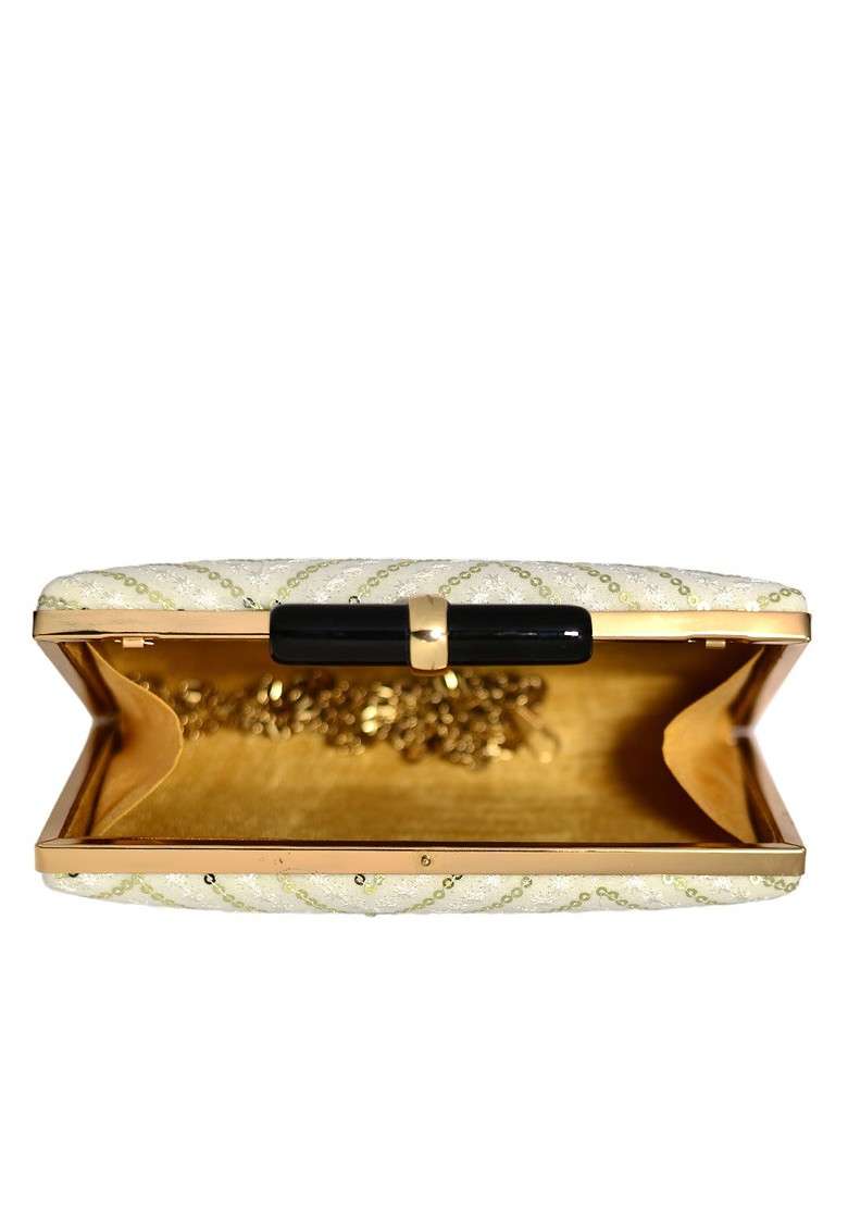 White Satin White Embroidered Box Clutch - Indya