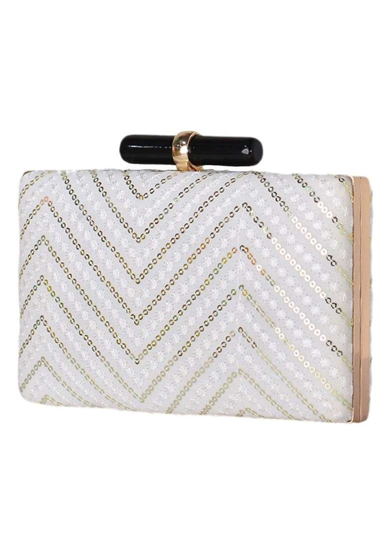 White Satin White Embroidered Box Clutch - Indya