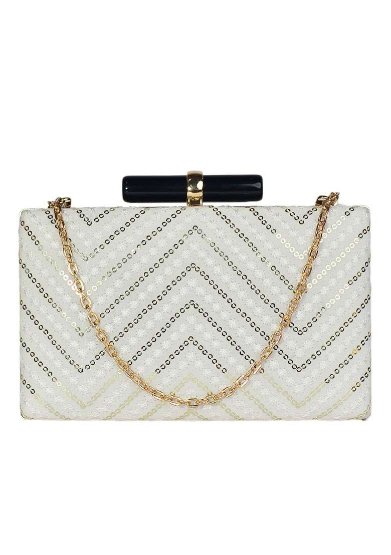 White Satin White Embroidered Box Clutch - Indya