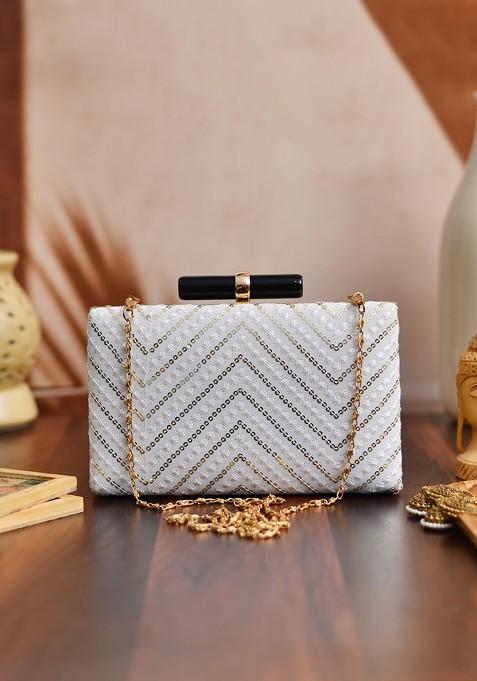 White Satin White Embroidered Box Clutch