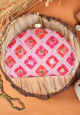 Pink Satin Pink And Red Embroidered Half Moon Clutch