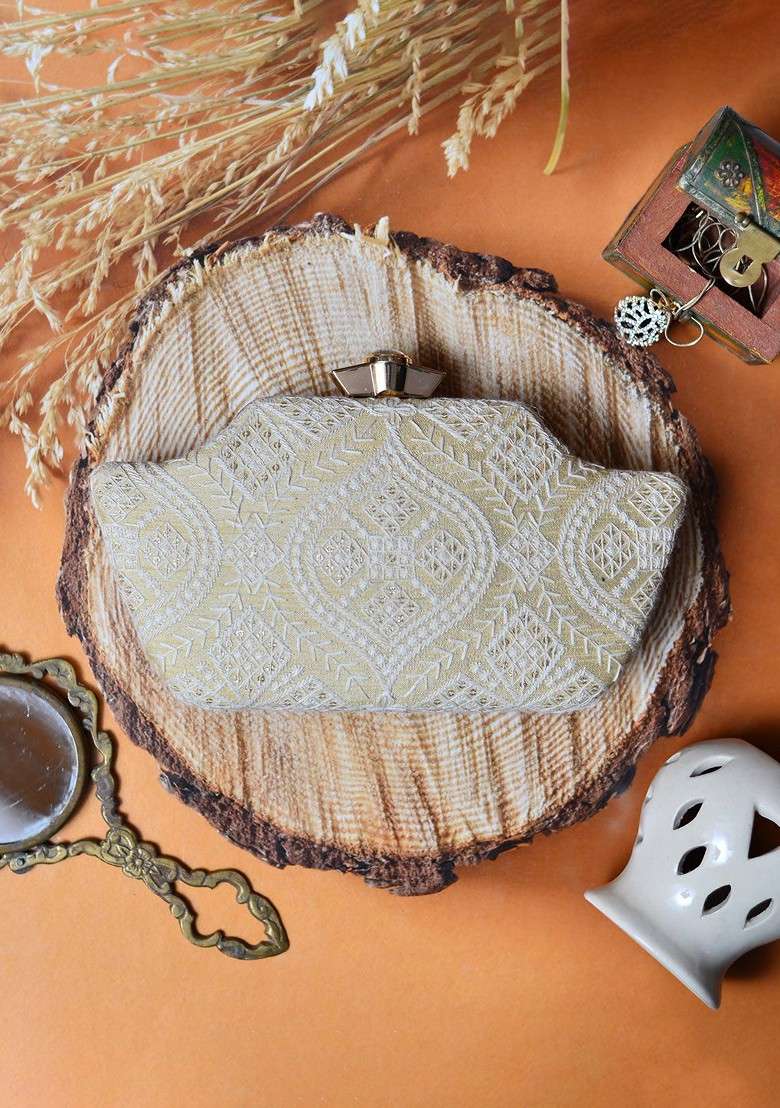 Beige Satin Beige And White Embroidered Box Clutch - Indya