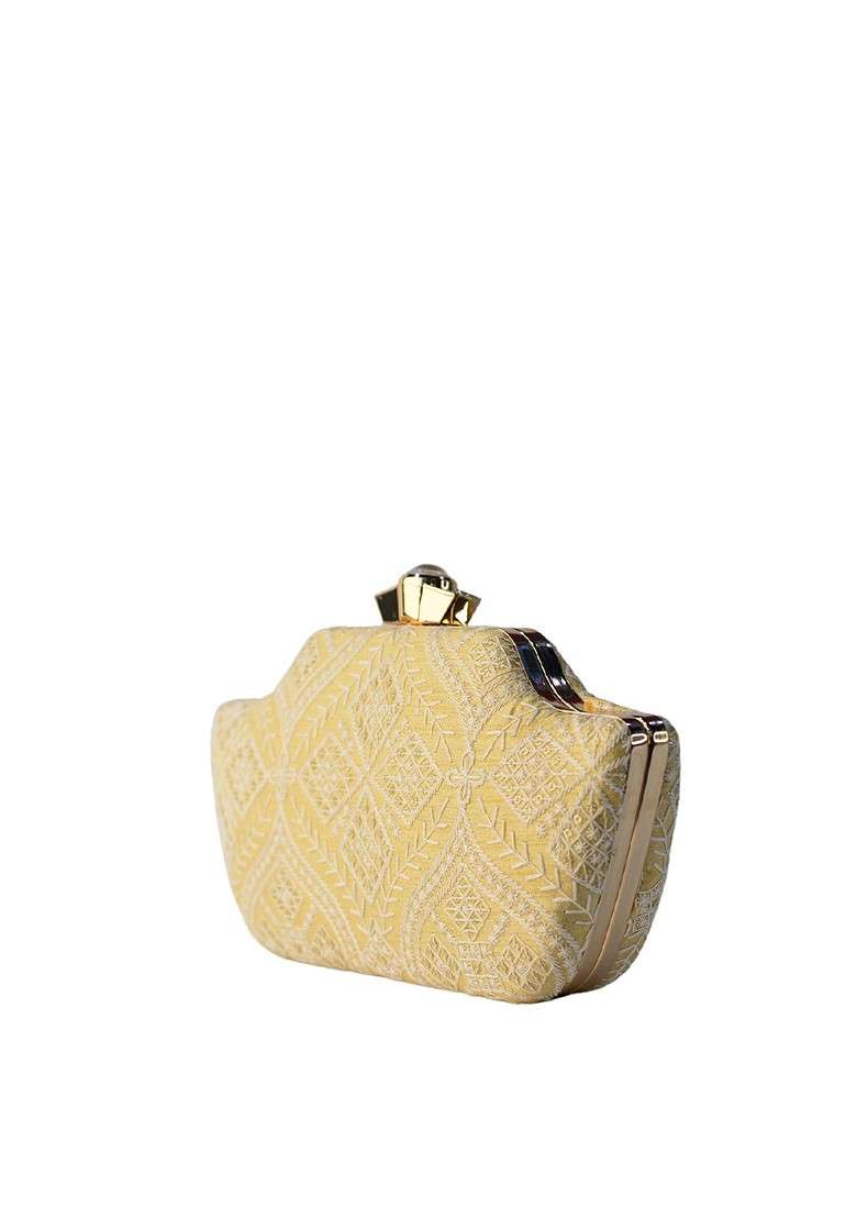 Beige Satin Beige And White Embroidered Box Clutch - Indya