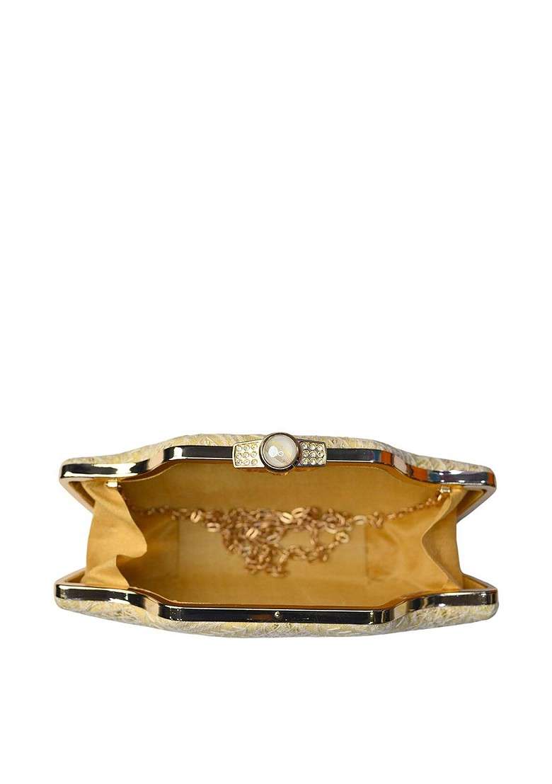 Beige Satin Beige And White Embroidered Box Clutch - Indya