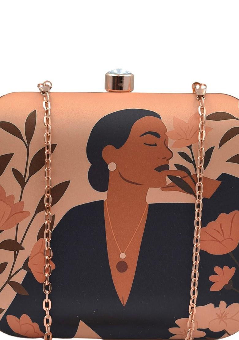 Black Fabric Woman With Flowers Printed Buckle Detail Box Clutch - Indya