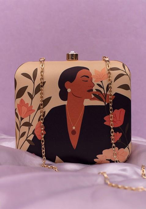 Black Fabric Woman With Flowers Printed Buckle Detail Box Clutch