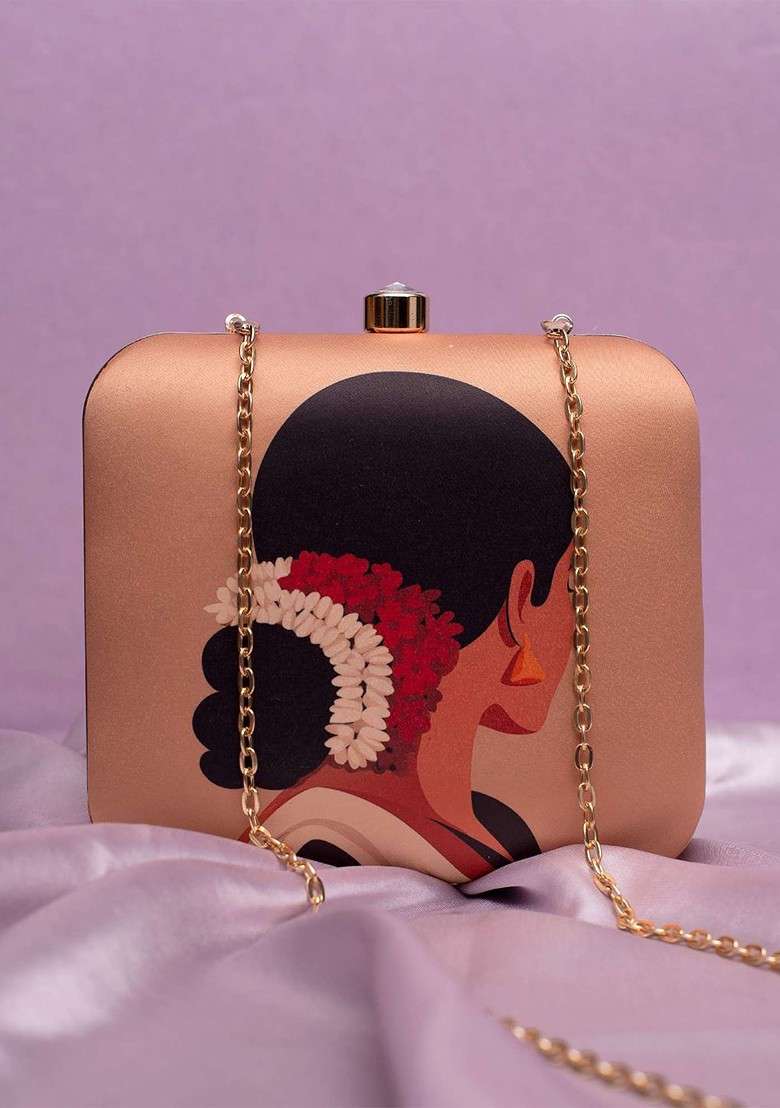 Beige Fabric Printed Buckle Detail Box Clutch - Indya