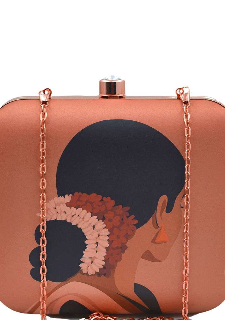 Beige Fabric Printed Buckle Detail Box Clutch - Indya