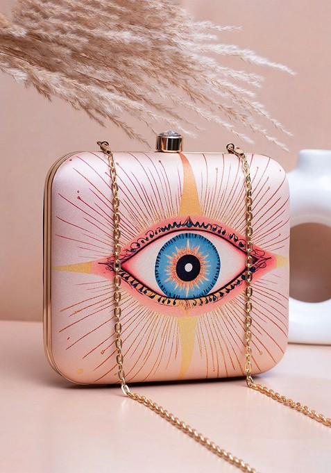 Pink Fabric Evil Eye Printed Shoulder Strap Buckle Detail Box Clutch