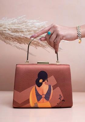 Brown Fabric Printed Box Clutch