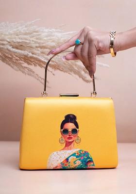 Yellow Fabric Printed Box Clutch