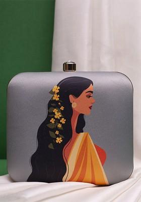 Grey Fabric Based Floral Hair Lady Printed Box Clutch