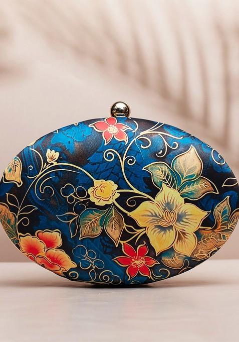 Blue Fabric Floral Printed Box Clutch