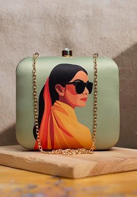 Green Fabric Printed Box Clutch