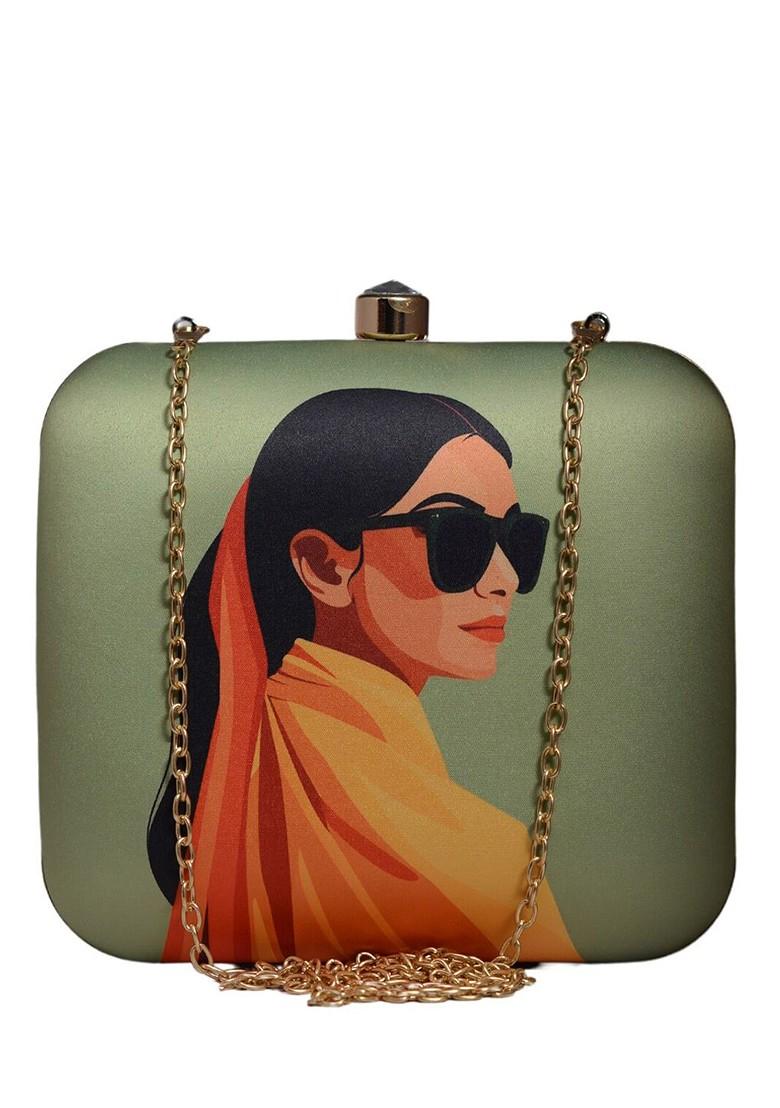 Green Fabric Printed Box Clutch - Indya