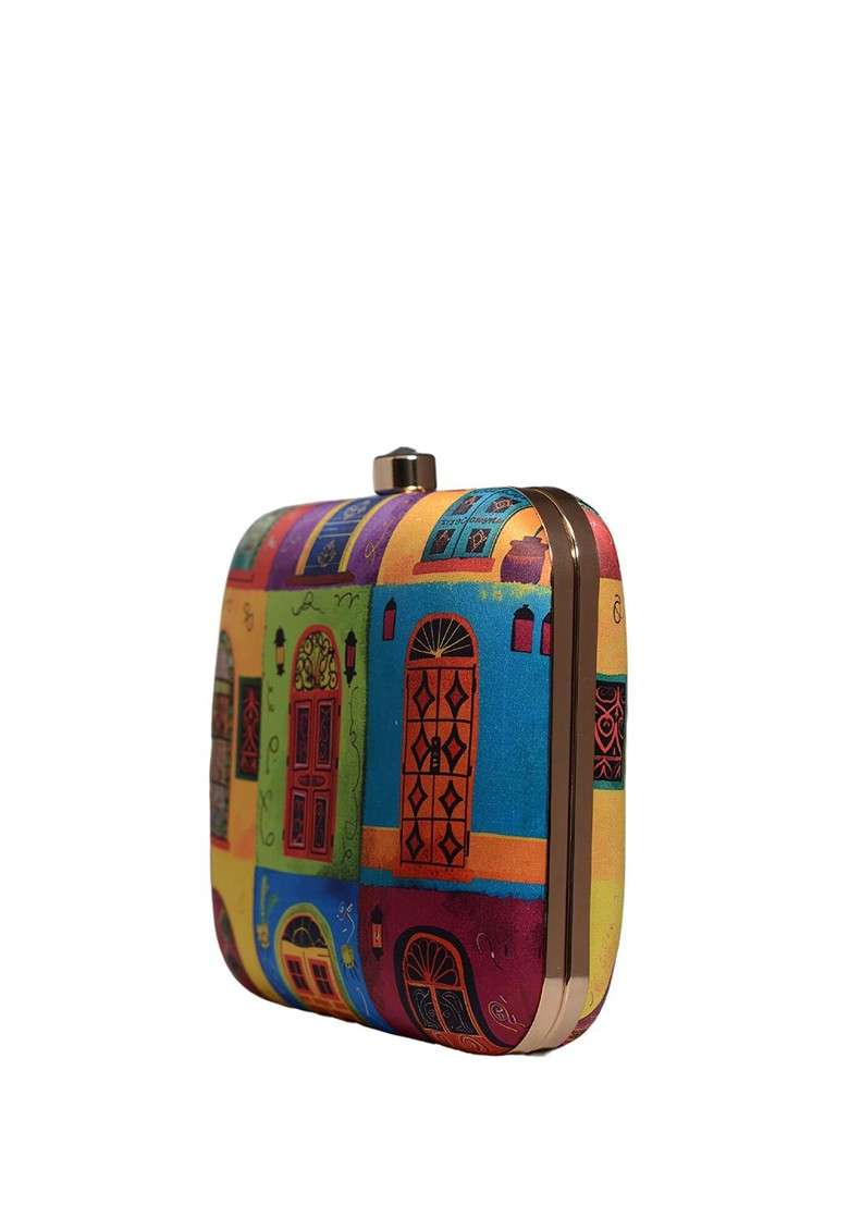 Blue Fabric Doors Printed Box Clutch - Indya
