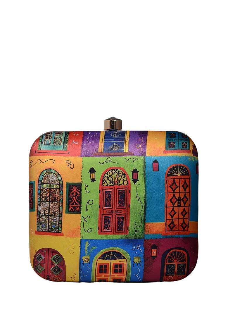 Blue Fabric Doors Printed Box Clutch - Indya