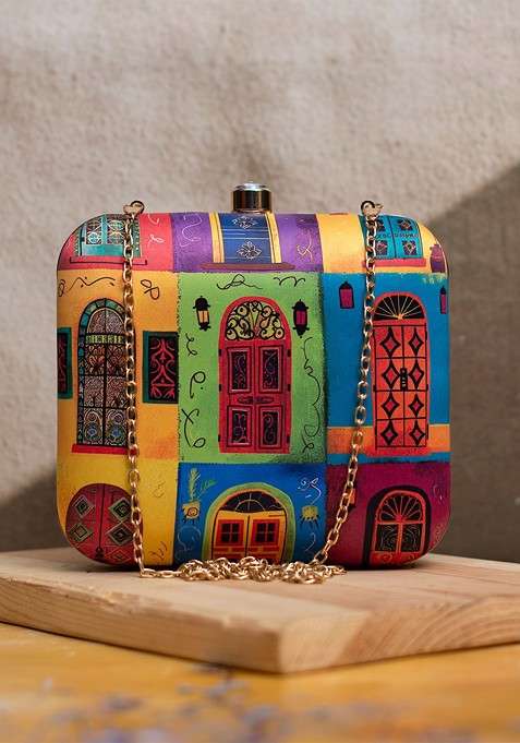 Blue Fabric Doors Printed Box Clutch