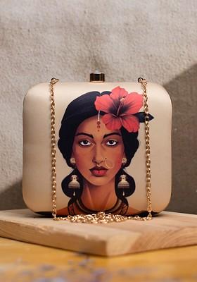 Beige Fabric Printed Box Clutch
