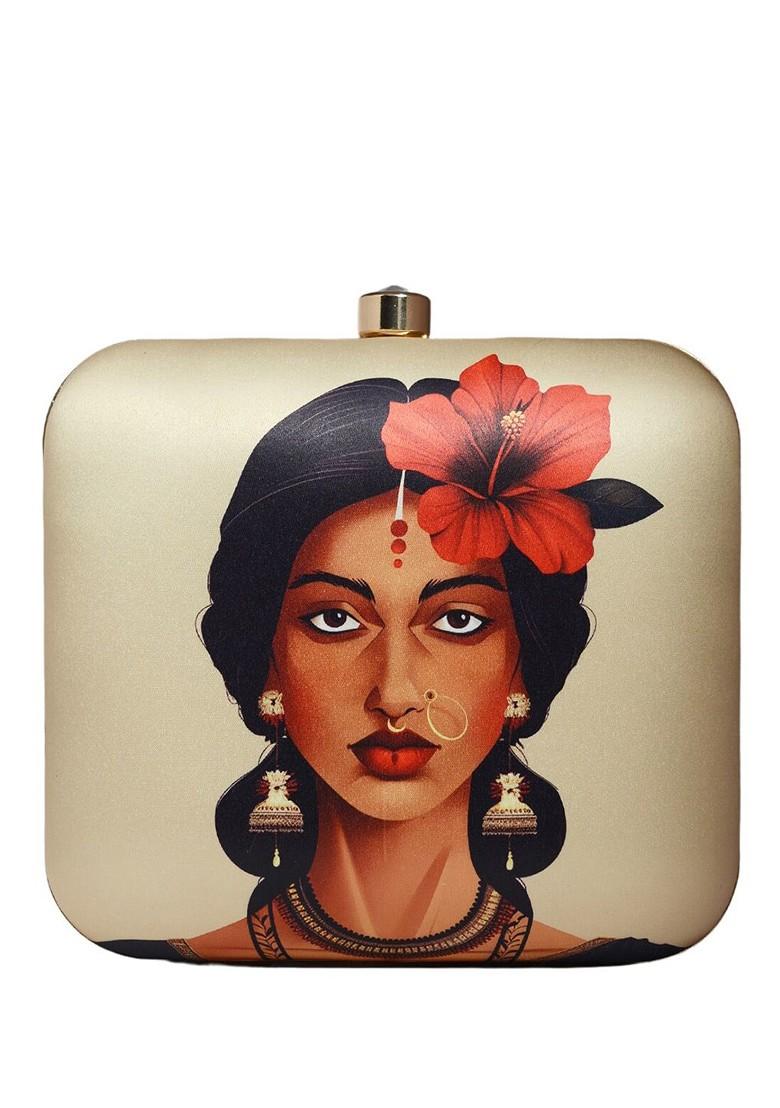 Beige Fabric Printed Box Clutch - Indya