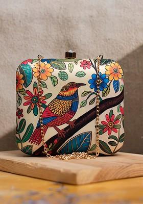 Beige Fabric Printed Box Clutch