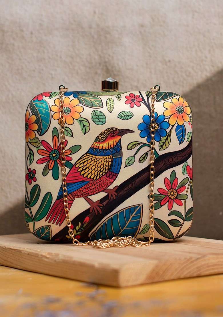 Beige Fabric Printed Box Clutch - Indya