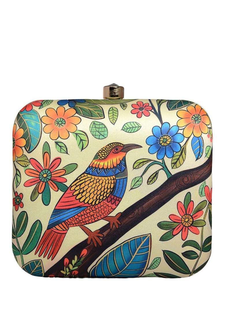 Beige Fabric Printed Box Clutch - Indya