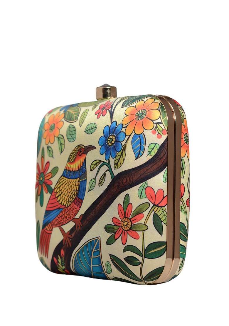 Beige Fabric Printed Box Clutch - Indya