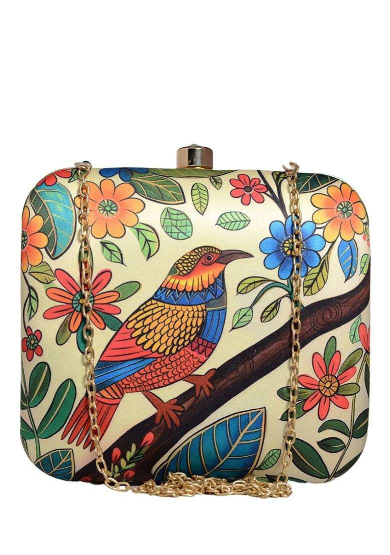 Beige Fabric Printed Box Clutch - Indya