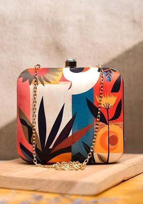 Black Fabric Floral Printed Box Clutch