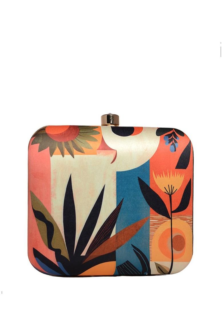 Black Fabric Floral Printed Box Clutch - Indya