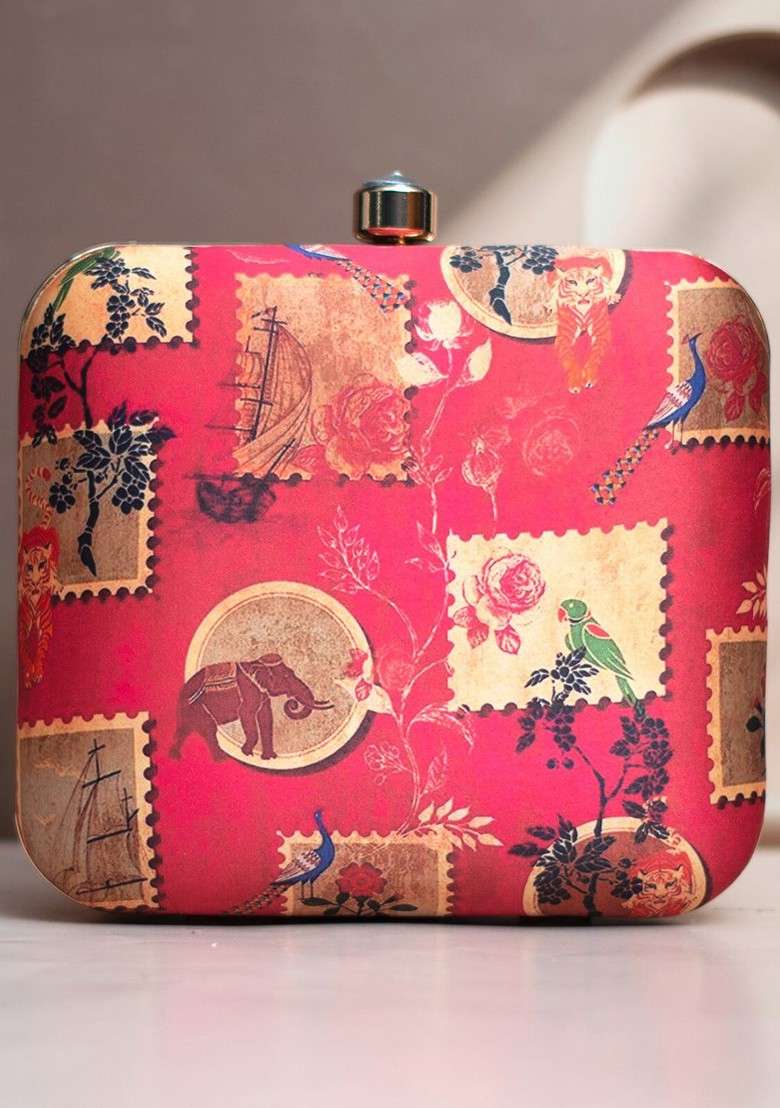 Red Fabric Printed Box Clutches - Indya