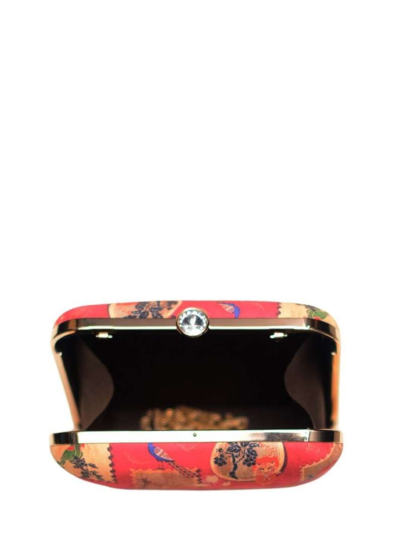 Red Fabric Printed Box Clutches - Indya