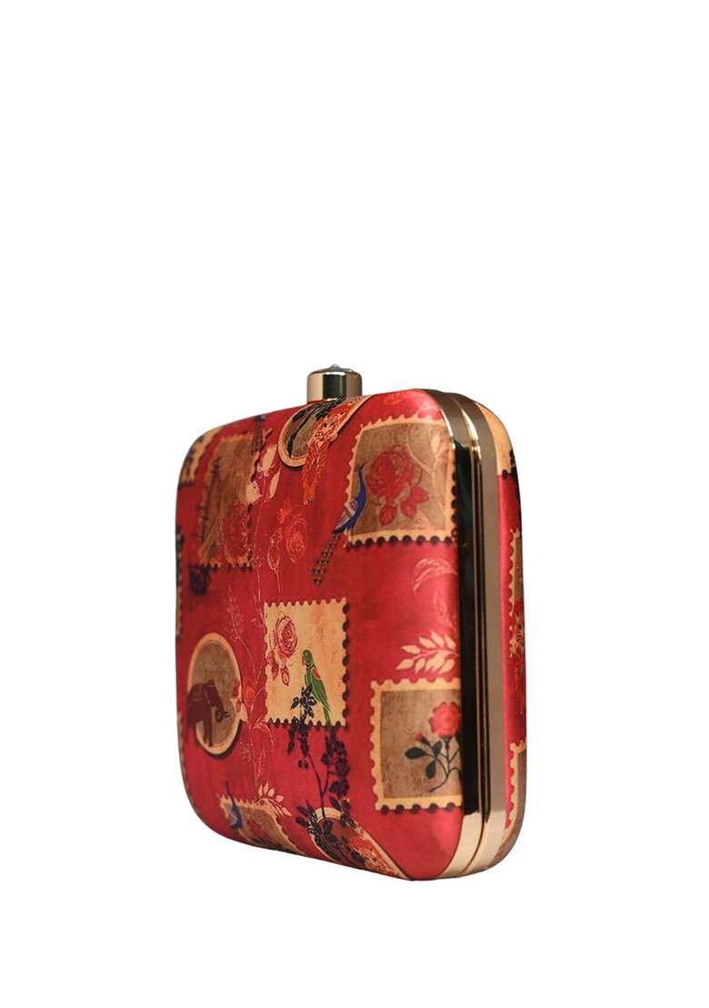 Red Fabric Printed Box Clutches - Indya