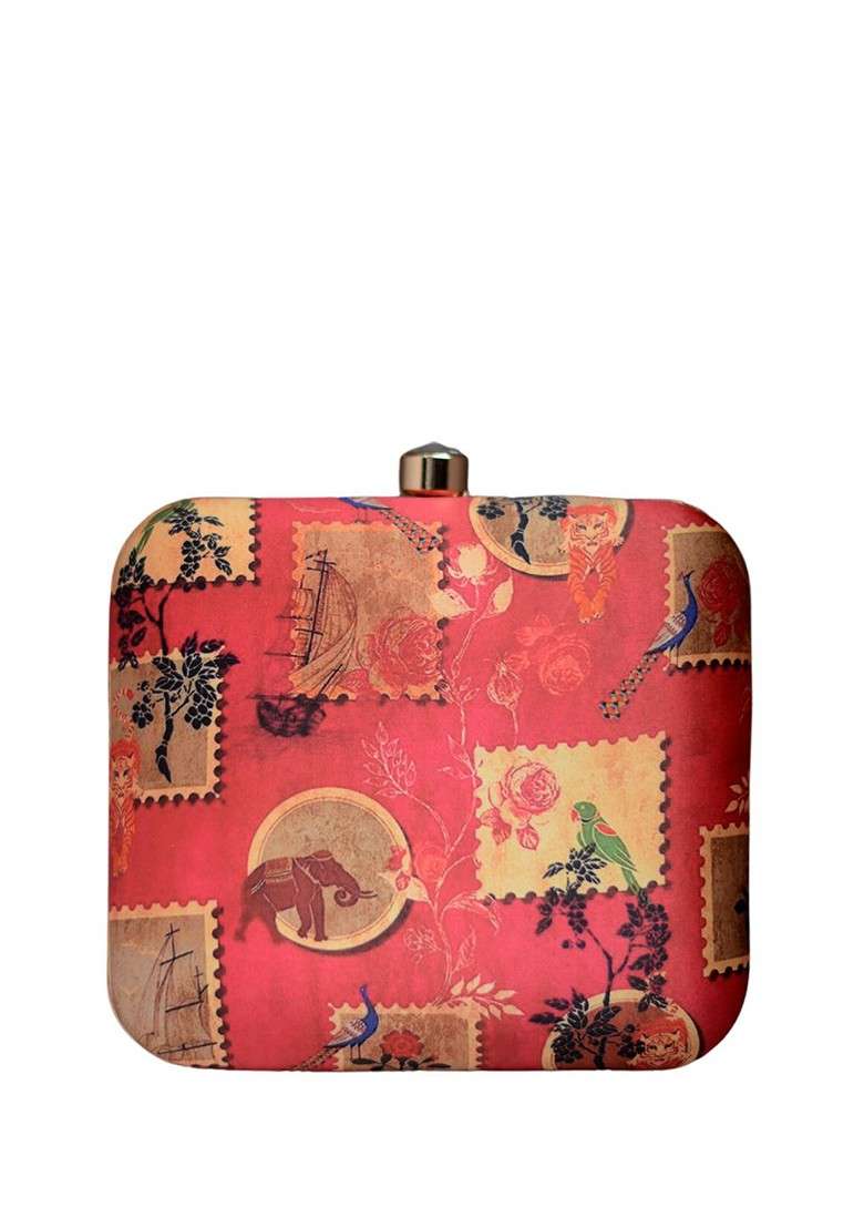 Red Fabric Printed Box Clutches - Indya