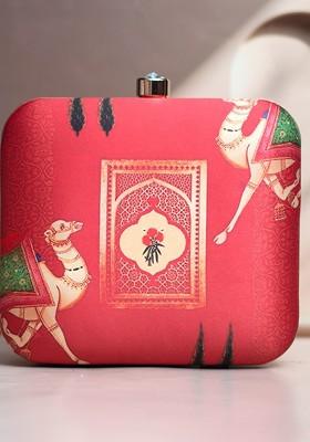 Red Fabric Printed Box Clutches