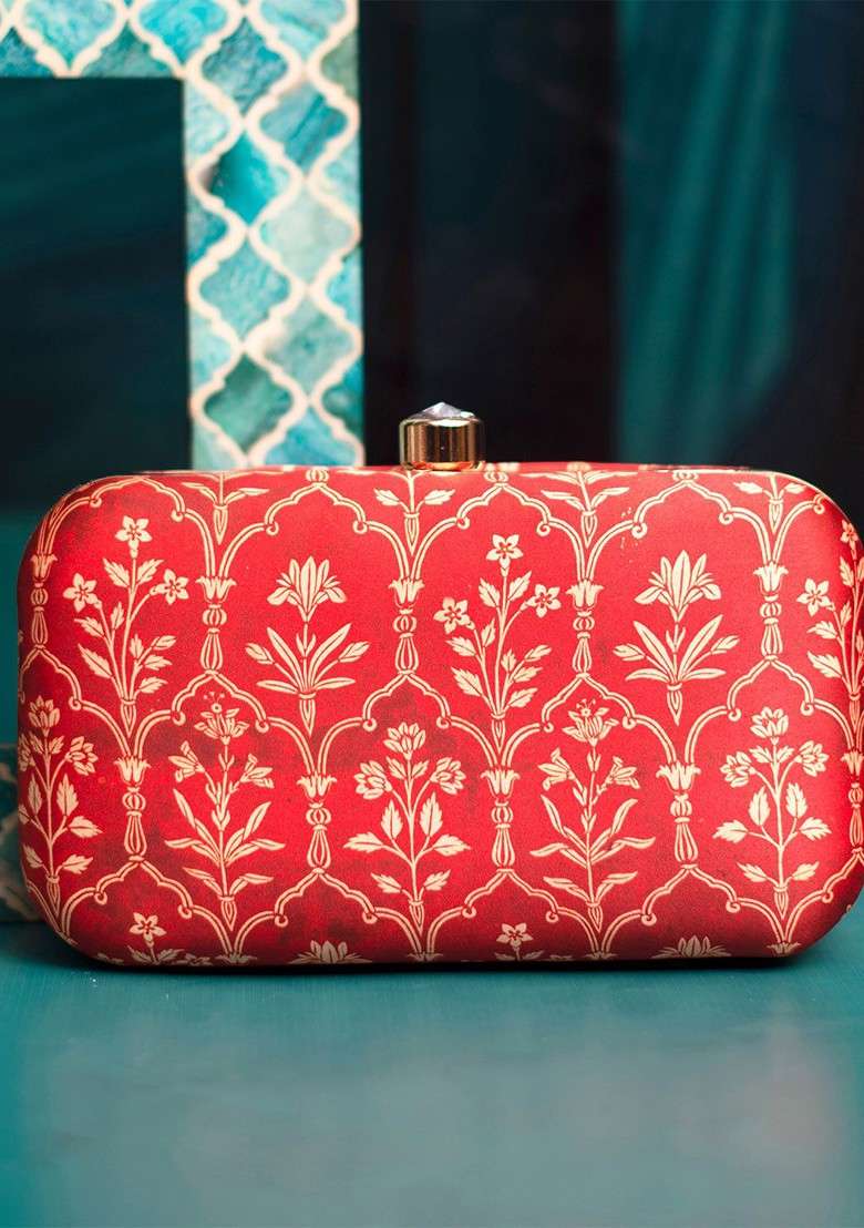 Red Fabric Floral Printed Box Clutch - Indya
