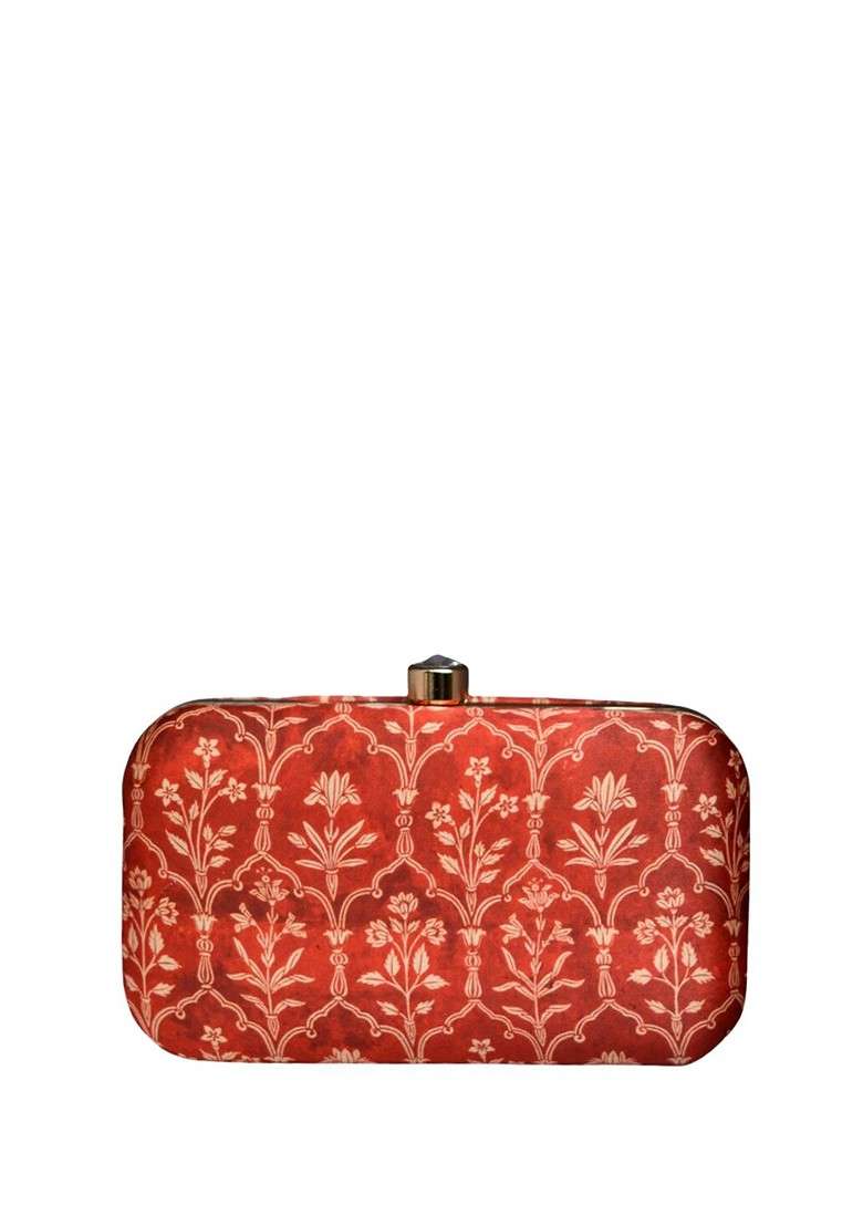 Red Fabric Floral Printed Box Clutch - Indya