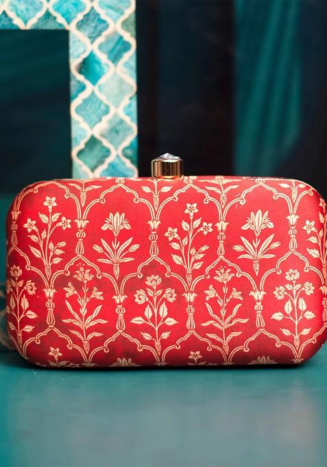 Red Fabric Floral Printed Box Clutch
