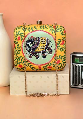 Yellow Fabric Women Madhubani Elephant And Lotus Printed Box Clutch