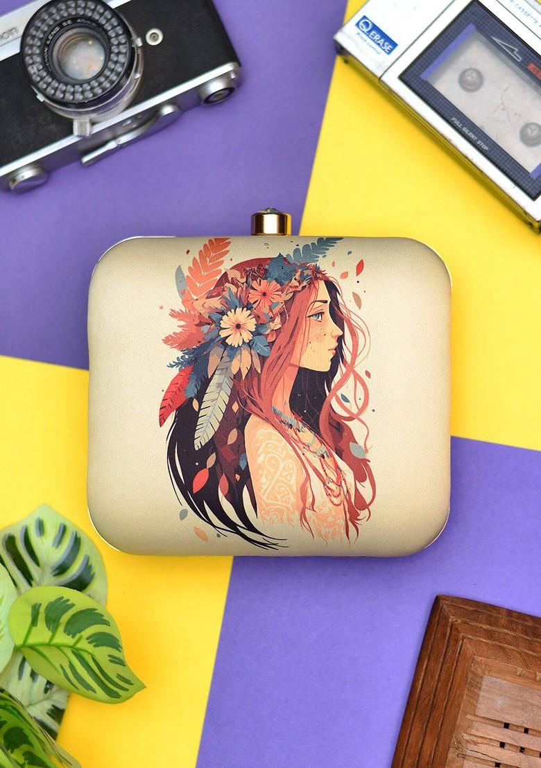 Beige Fabric Woman Portrait Printed Box Clutch - Indya