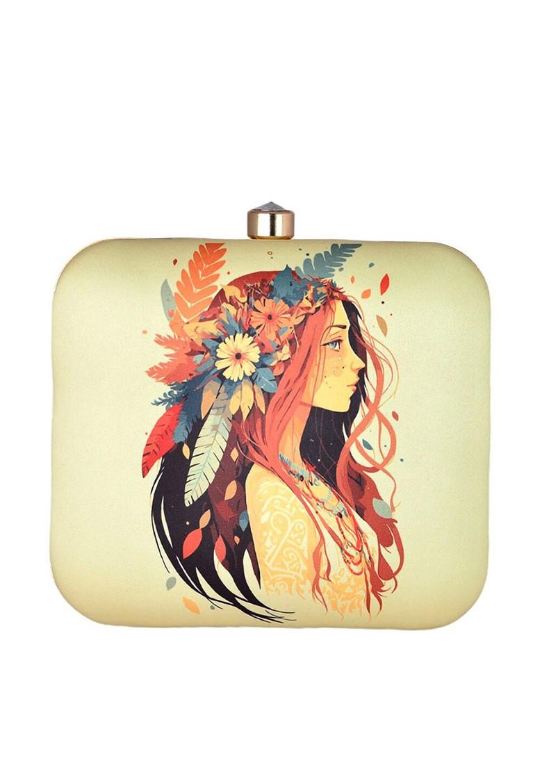 Beige Fabric Woman Portrait Printed Box Clutch - Indya