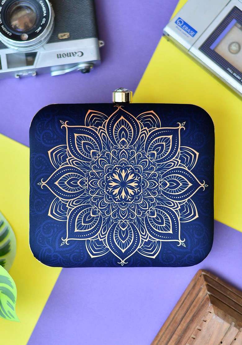 Blue Fabric Printed Box Clutch - Indya