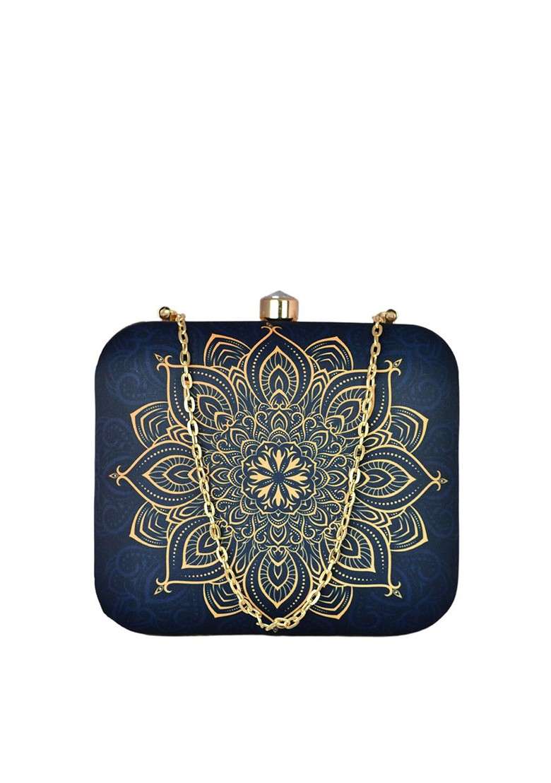 Blue Fabric Printed Box Clutch - Indya