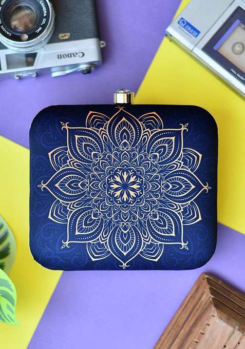 Blue Fabric Printed Box Clutch