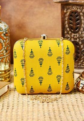Yellow Satin Yellow And Green Embroidered Box Clutch