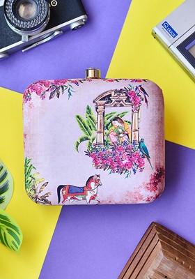 Pink Fabric Pink And Green Printed Box Clutch