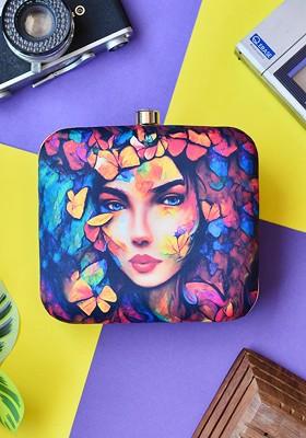 Blue Fabric Blue And Pink Printed Box Clutch